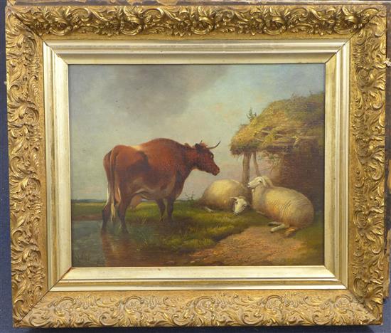 Manner of Paulus Potter, oil, Cow and sheep beside a river(-)